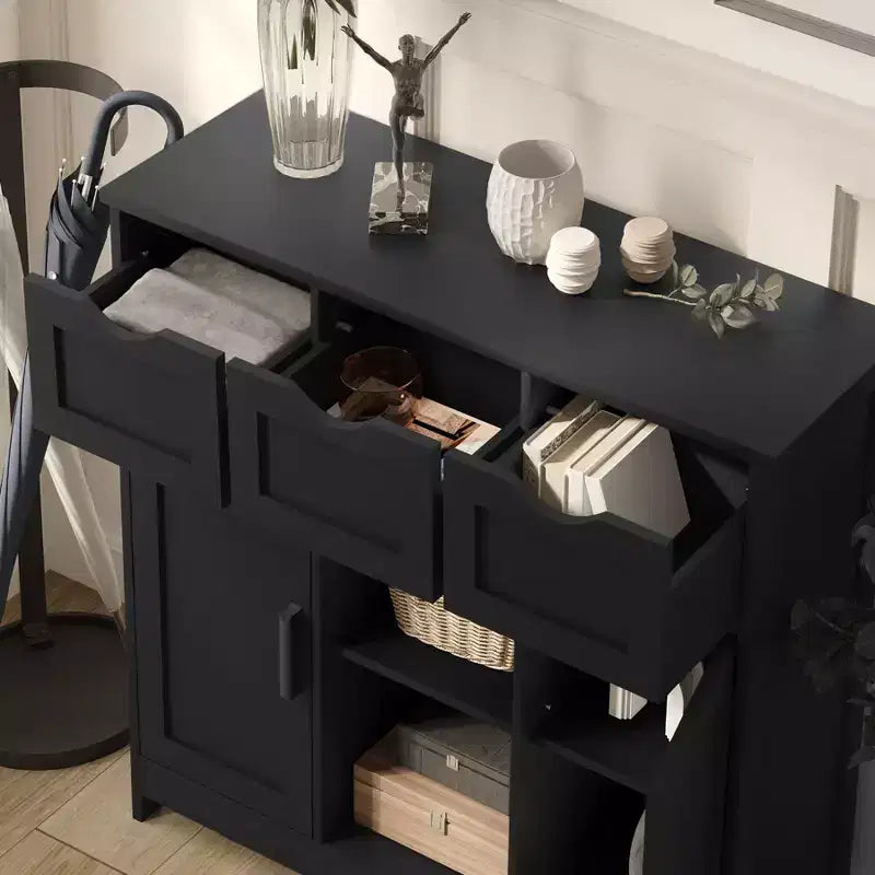 Okak Armoire de rangement polyvalente pour salle de bain, chambre et salon, meuble de rangement au sol avec 3 tiroirs, 2 compartiments et 3 portes, meuble d'appoint