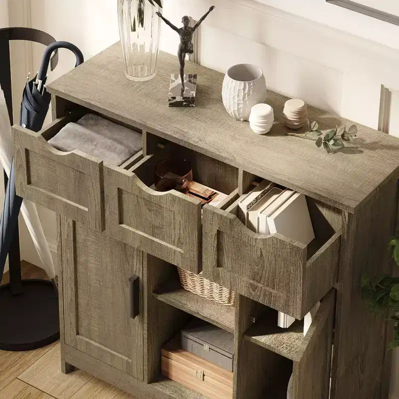 Okak Armoire de rangement polyvalente pour salle de bain, chambre et salon, meuble de rangement au sol avec 3 tiroirs, 2 compartiments et 3 portes, meuble d'appoint