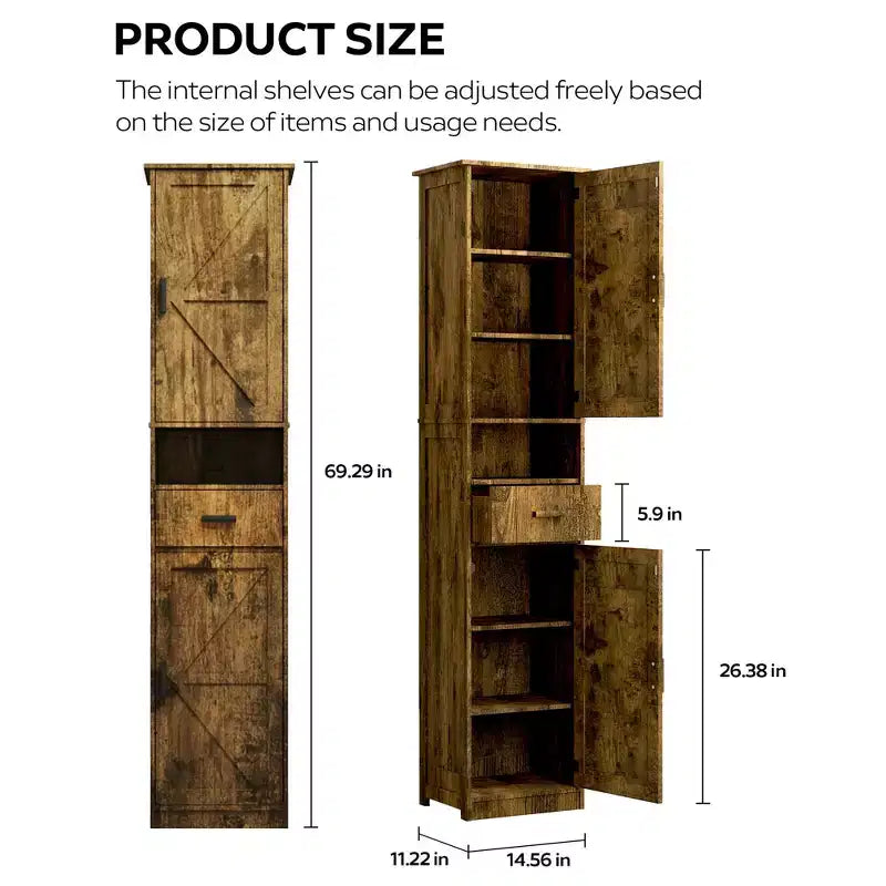 Meuble de Rangement Haut de Salle de Bain Okak, Armoire Autoportante de 69" avec Étagères Réglables, Portes et Dispositif Anti-Basculement pour Cuisine et Salon