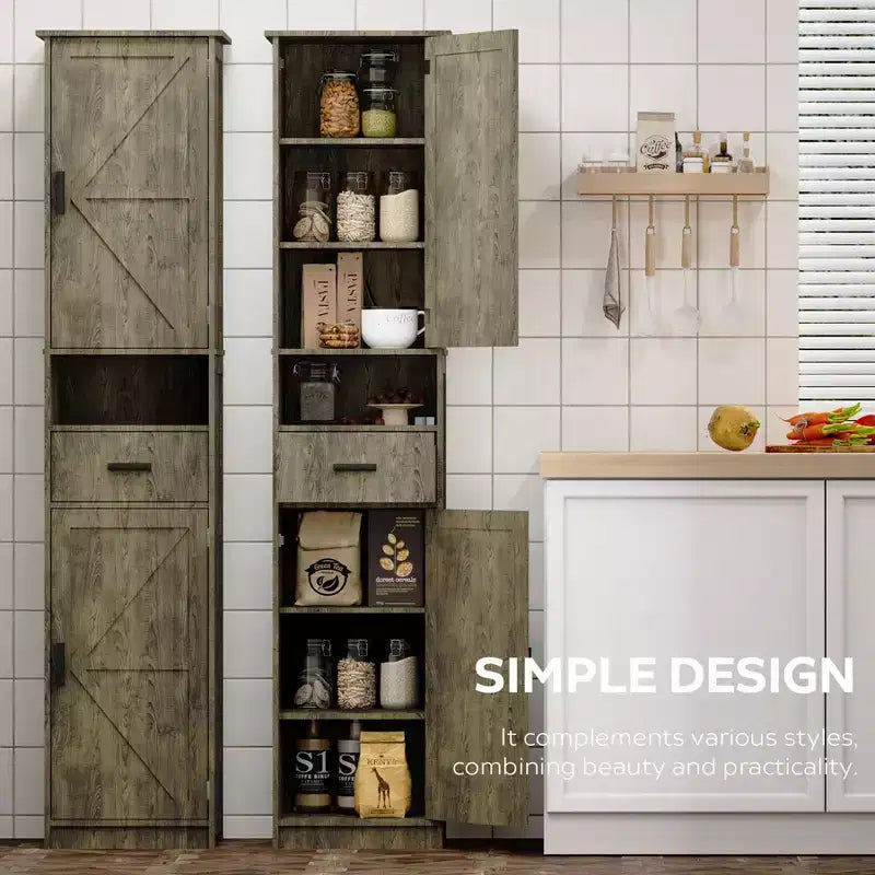 Meuble de Rangement Haut de Salle de Bain Okak, Armoire Autoportante de 69" avec Étagères Réglables, Portes et Dispositif Anti-Basculement pour Cuisine et Salon