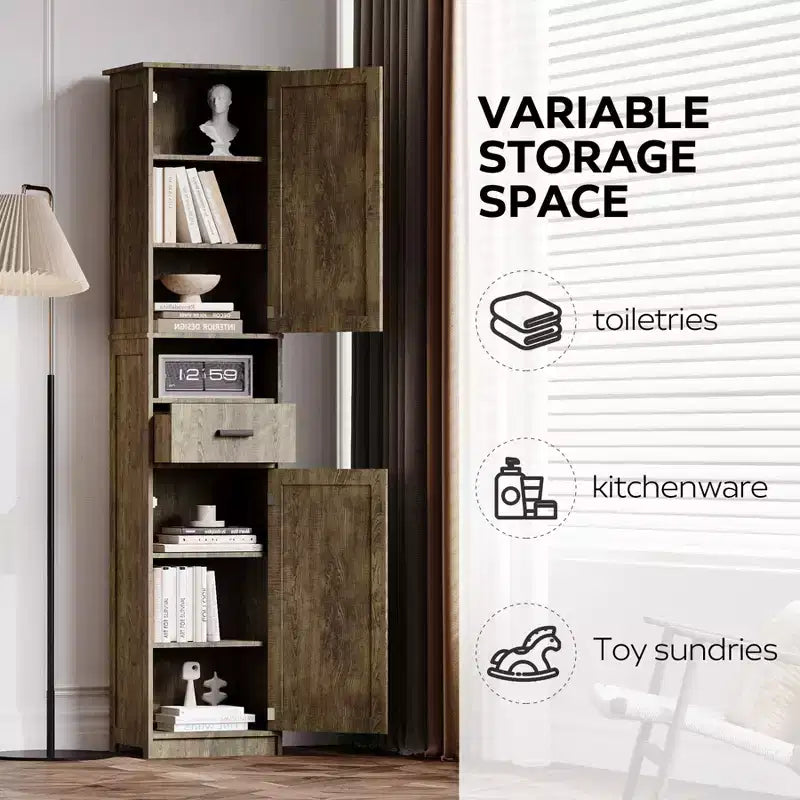 Meuble de Rangement Haut de Salle de Bain Okak, Armoire Autoportante de 69" avec Étagères Réglables, Portes et Dispositif Anti-Basculement pour Cuisine et Salon