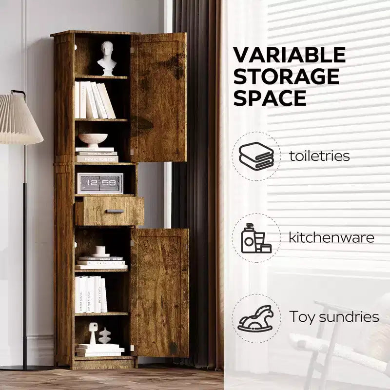 Meuble de Rangement Haut de Salle de Bain Okak, Armoire Autoportante de 69" avec Étagères Réglables, Portes et Dispositif Anti-Basculement pour Cuisine et Salon
