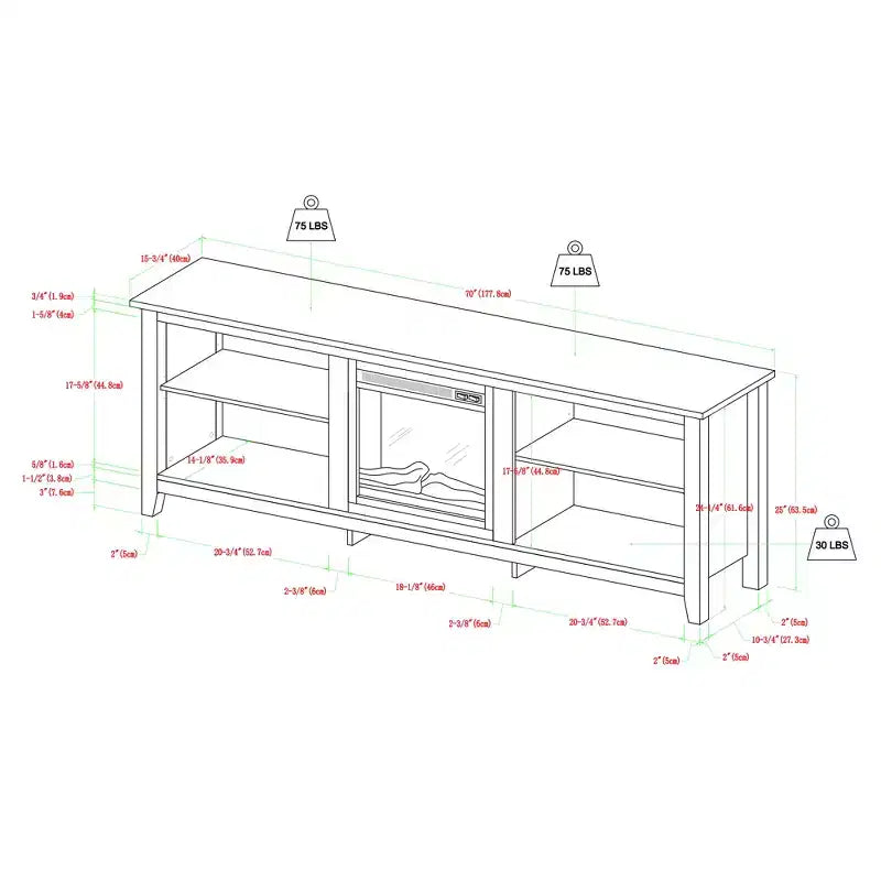Meuble TV de cheminée GDFStudio Colcord moderne en bois 70 avec 2 étagères