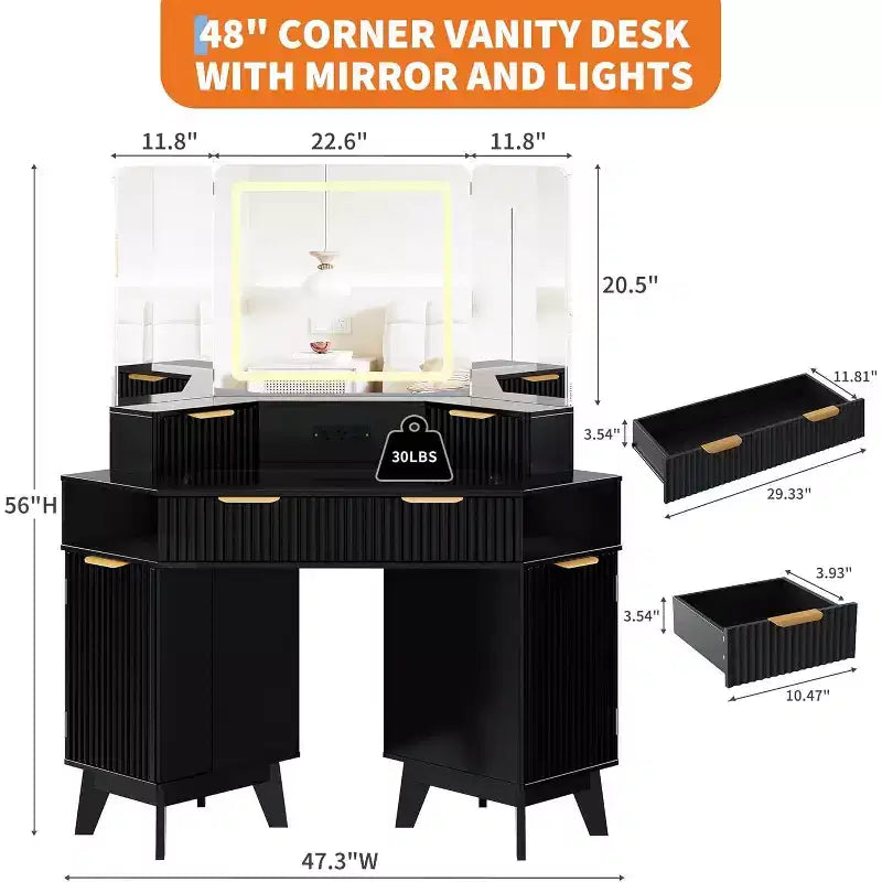 Meuble-lavabo d'angle de 48 po, Coiffeuse à cannelures avec plateau en verre, pour chambre à coucher