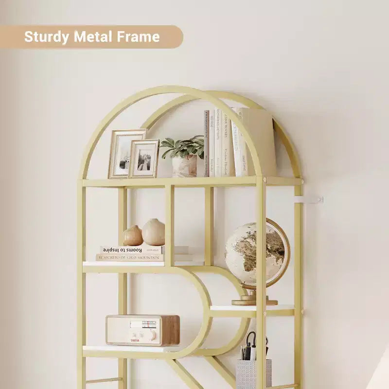 Étagère arquée à 6 niveaux, bibliothèque de 208 cm de haut avec cadre en métal, étagère de rangement ouverte pour chambre à coucher, salon, bureau à domicile