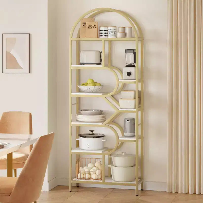 Étagère arquée à 6 niveaux, bibliothèque de 208 cm de haut avec cadre en métal, étagère de rangement ouverte pour chambre à coucher, salon, bureau à domicile