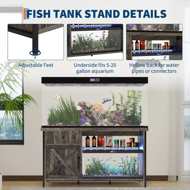 Meuble de support pour aquarium de 284 litres, support pour aquarium avec prises de courant et éclairage LED - Meuble de support pour terrarium robuste avec armoire de rangement, tiroir et étagère