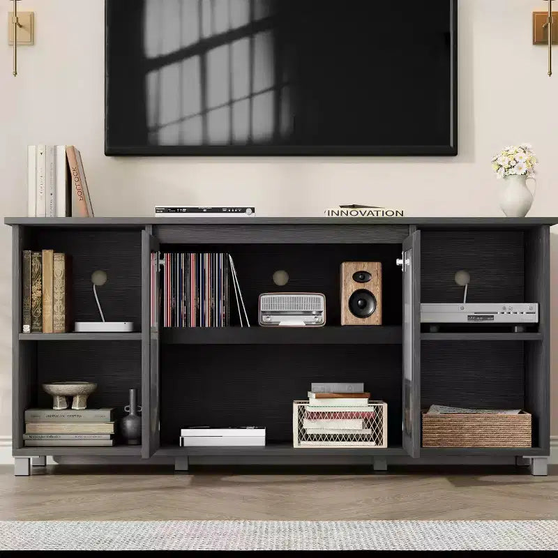 Meuble TV COZONY de 160 cm, meuble TV avec portes en rotin, étagère réglable, console multimédia, pieds en fer