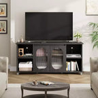 Meuble TV COZONY de 160 cm, meuble TV avec portes en rotin, étagère réglable, console multimédia, pieds en fer
