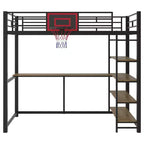 Lit mezzanine en métal pour lits jumeaux avec bureau et étagères, cadre de lit mezzanine robuste avec panier de basket, noir