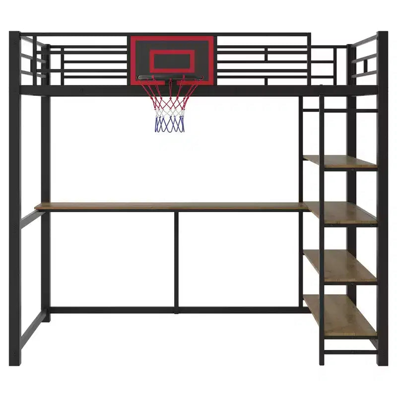 Lit mezzanine en métal pour lits jumeaux avec bureau et étagères, cadre de lit mezzanine robuste avec panier de basket, noir