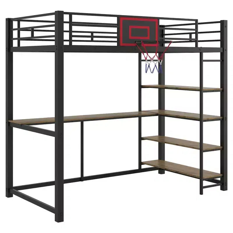 Lit mezzanine en métal pour lits jumeaux avec bureau et étagères, cadre de lit mezzanine robuste avec panier de basket, noir