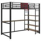 Lit mezzanine en métal pour lits jumeaux avec bureau et étagères, cadre de lit mezzanine robuste avec panier de basket, noir