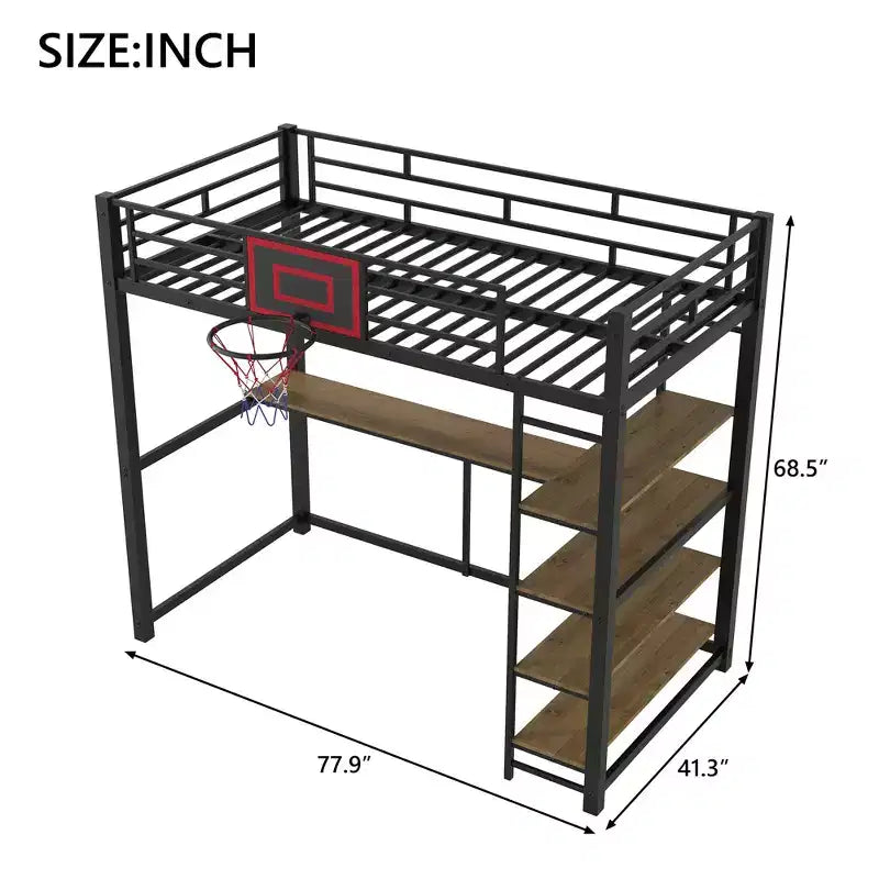 Lit mezzanine en métal pour lits jumeaux avec bureau et étagères, cadre de lit mezzanine robuste avec panier de basket, noir