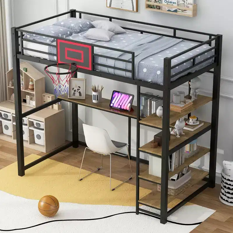 Lit mezzanine en métal pour lits jumeaux avec bureau et étagères, cadre de lit mezzanine robuste avec panier de basket, noir