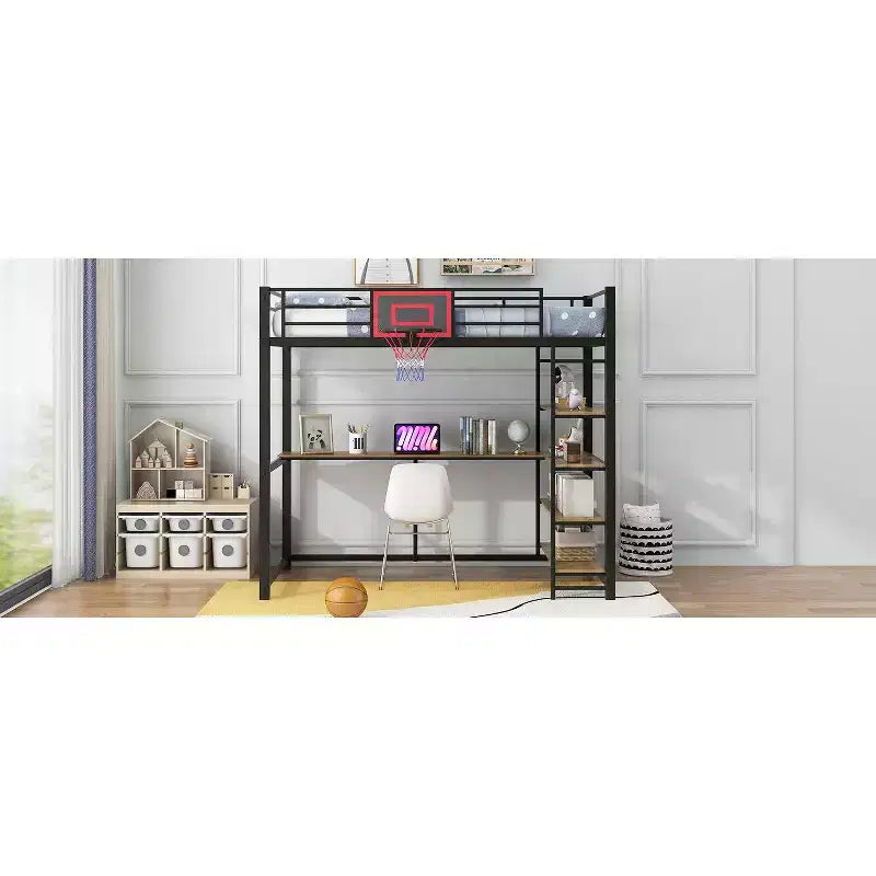 Lit mezzanine en métal pour lits jumeaux avec bureau et étagères, cadre de lit mezzanine robuste avec panier de basket, noir