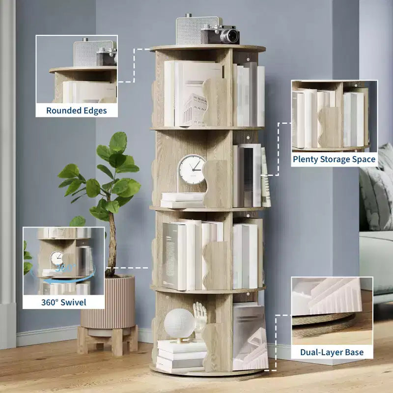 Étagère à Livres Pivotante, Bibliothèque sur Pied à 4 Niveaux avec Rangement, Petite Bibliothèque Rotative de 127 cm de Haut pour Chambre et Salon à Petit Espace