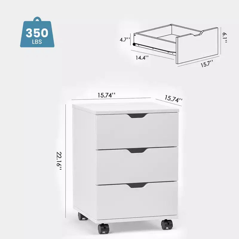 MAYEERTY 1622 Inch Blanc 3 Tiroirs Vertical Meuble Classeur en Bois - Avec Roulettes, Entièrement Assemblé pour Bureau à Domicile