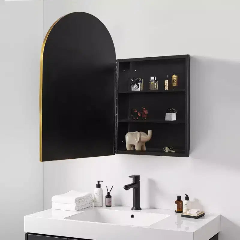 MAYEERTY Armoires de toilette murales arquées modernes de 36 x 24 pouces, miroir mural encadré en métal avec rangement, Or