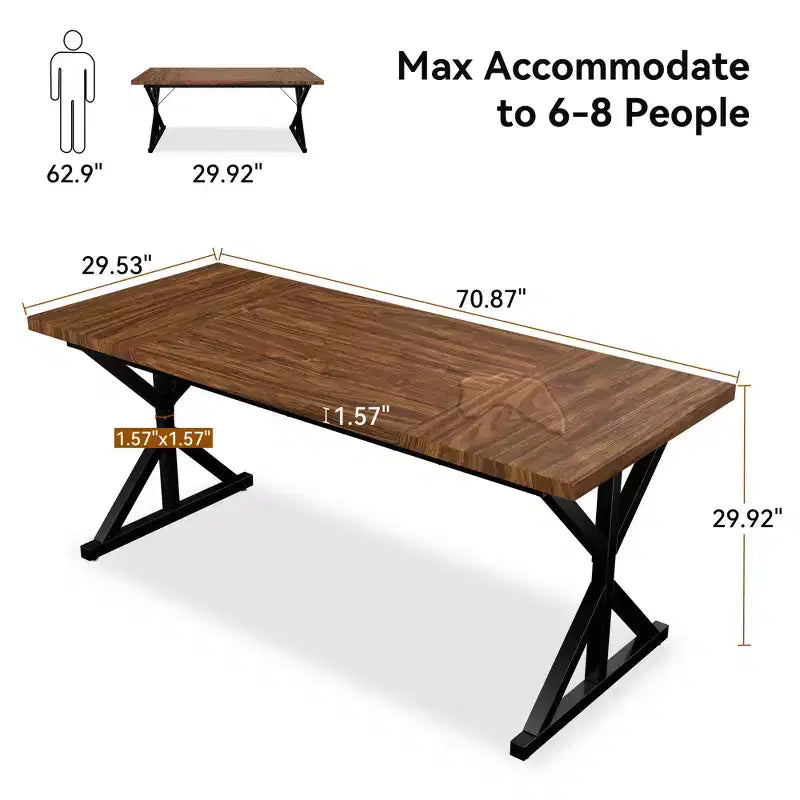 Table de salle à manger de ferme Vipbear pour 6 personnes, table à manger rectangulaire en bois de 180 cm, table de cuisine rustique avec pieds en métal robustes pour salle à manger