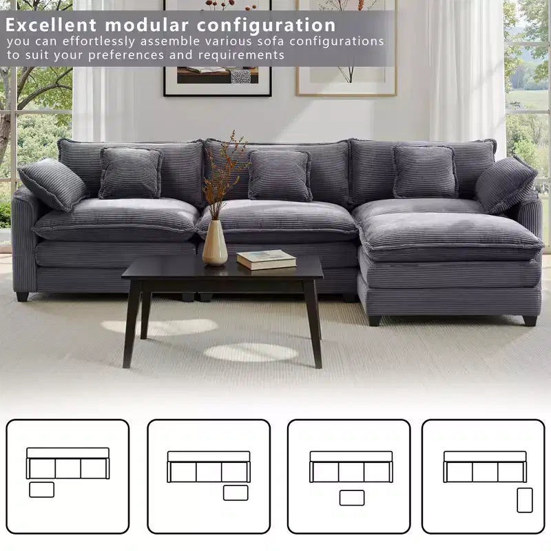 Canapé d'angle modulable 3 places en velours côtelé EHMKNP avec pouf