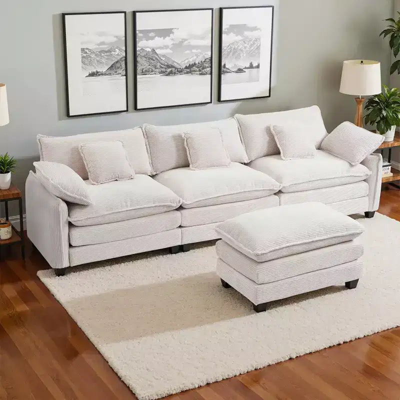 Canapé d'angle modulable 3 places en velours côtelé EHMKNP avec pouf