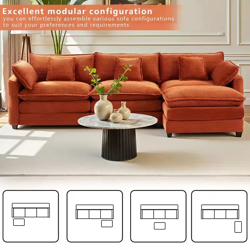 Canapé d'angle modulable 3 places en velours côtelé EHMKNP avec pouf