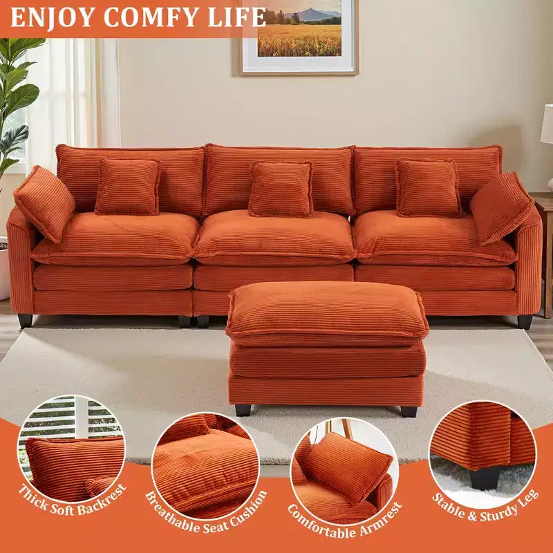 Canapé d'angle modulable 3 places en velours côtelé EHMKNP avec pouf
