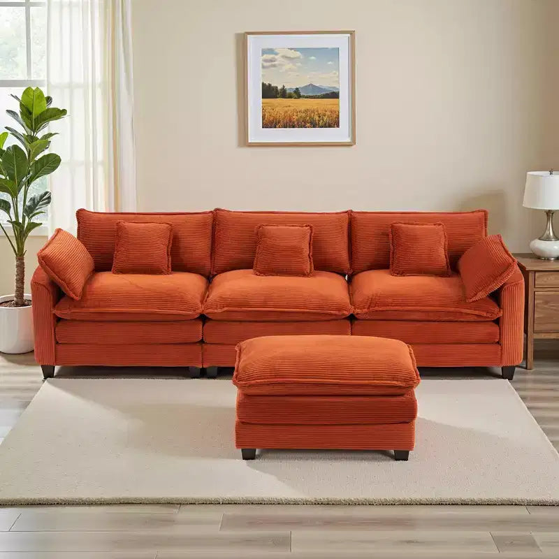 Canapé d'angle modulable 3 places en velours côtelé EHMKNP avec pouf