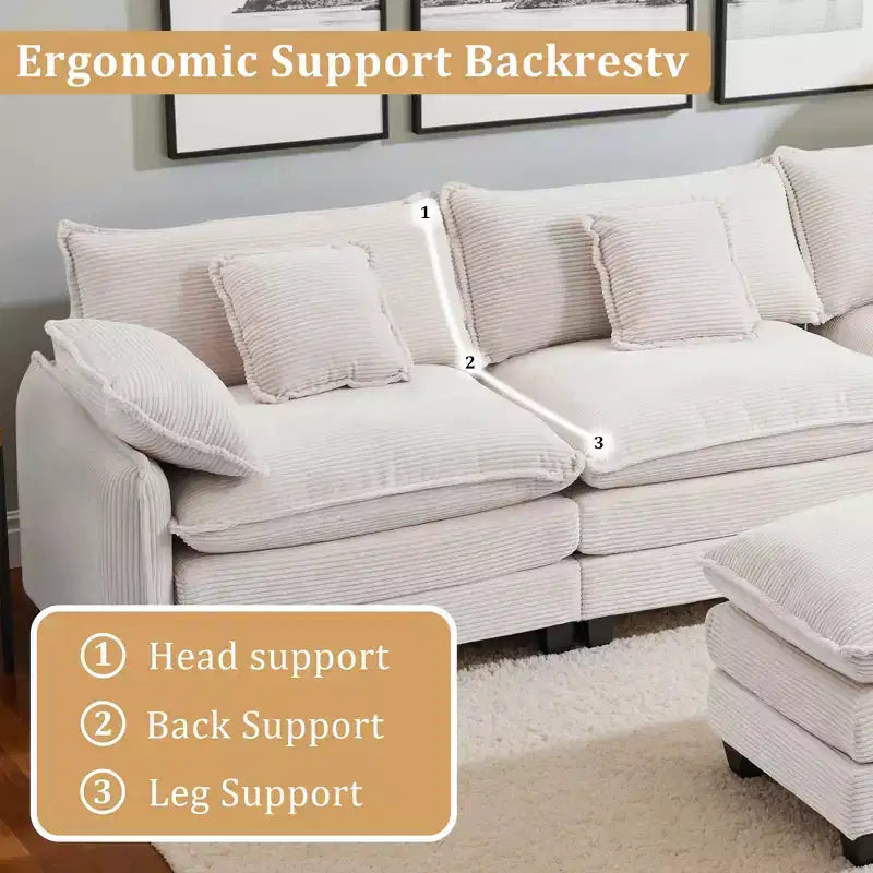 Canapé d'angle modulable 3 places en velours côtelé EHMKNP avec pouf