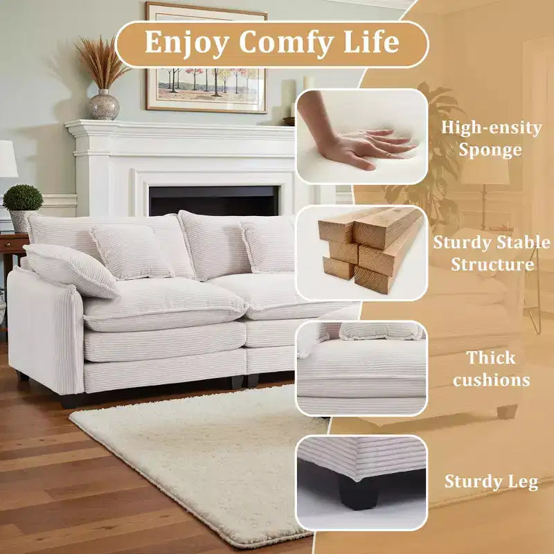 Canapé d'angle modulable 3 places en velours côtelé EHMKNP avec pouf
