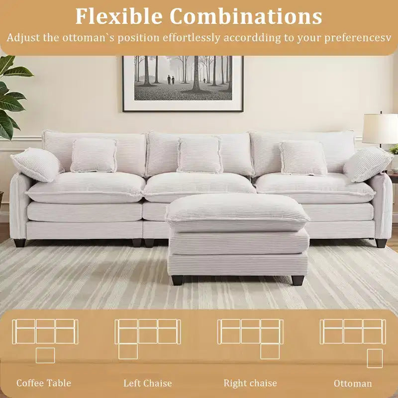 Canapé d'angle modulable 3 places en velours côtelé EHMKNP avec pouf