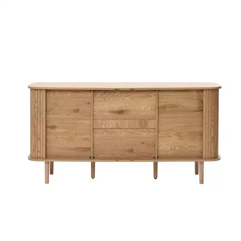 Buffet à 3 tiroirs LuxenHome en MDF aspect chêne avec portes coulissantes et coins arrondis