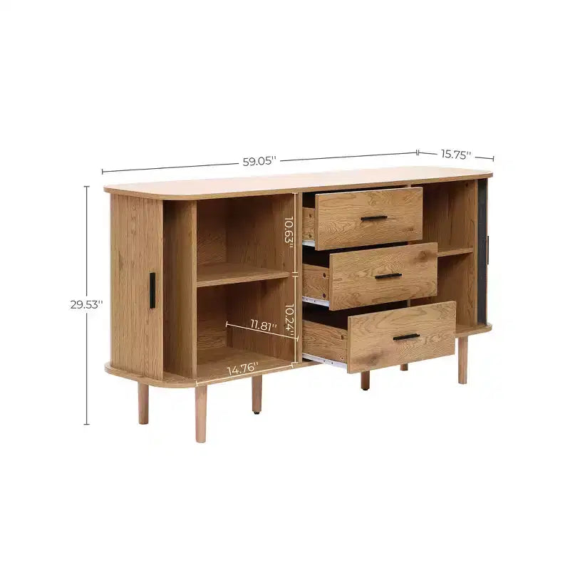 Buffet à 3 tiroirs LuxenHome en MDF aspect chêne avec portes coulissantes et coins arrondis
