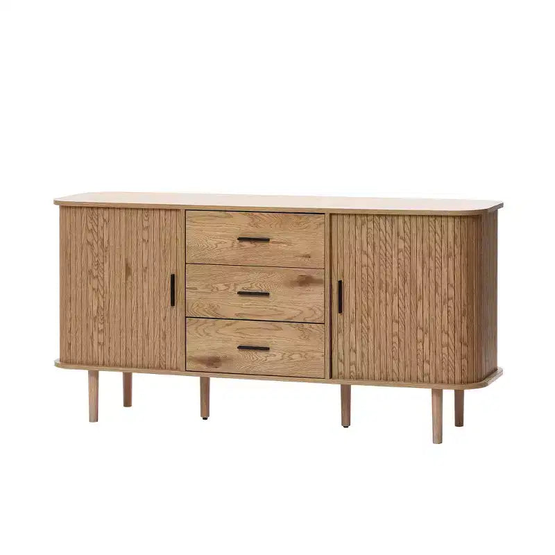 Buffet à 3 tiroirs LuxenHome en MDF aspect chêne avec portes coulissantes et coins arrondis