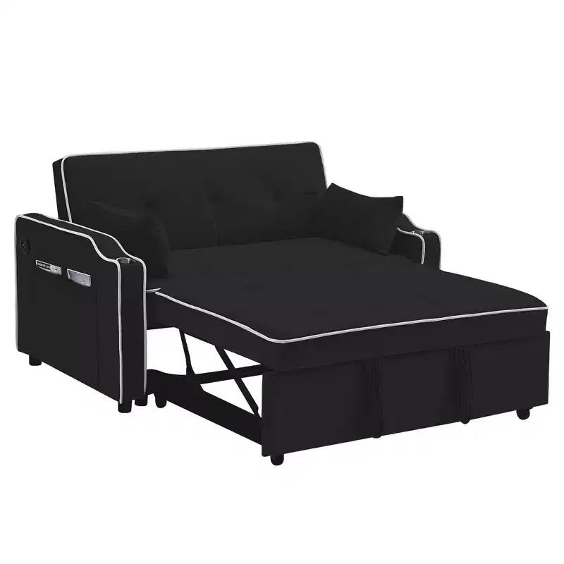 GustoWave Sleeper Sofa Couch Bed with port, Modern 3-in-1 Convertible Velvet Pull Out Loveseat Futon Sofa, with Adjustable Backrest, Black