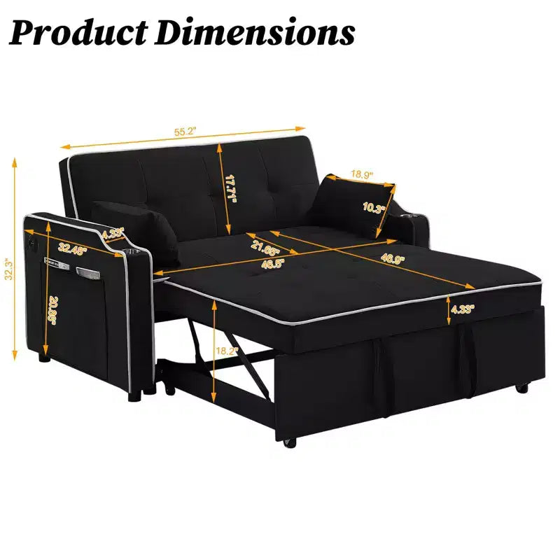 Canapé-lit convertible GUSTOWAVE avec port USB, canapé futon convertible 3-en-1 moderne en velours, avec dossier réglable, noir