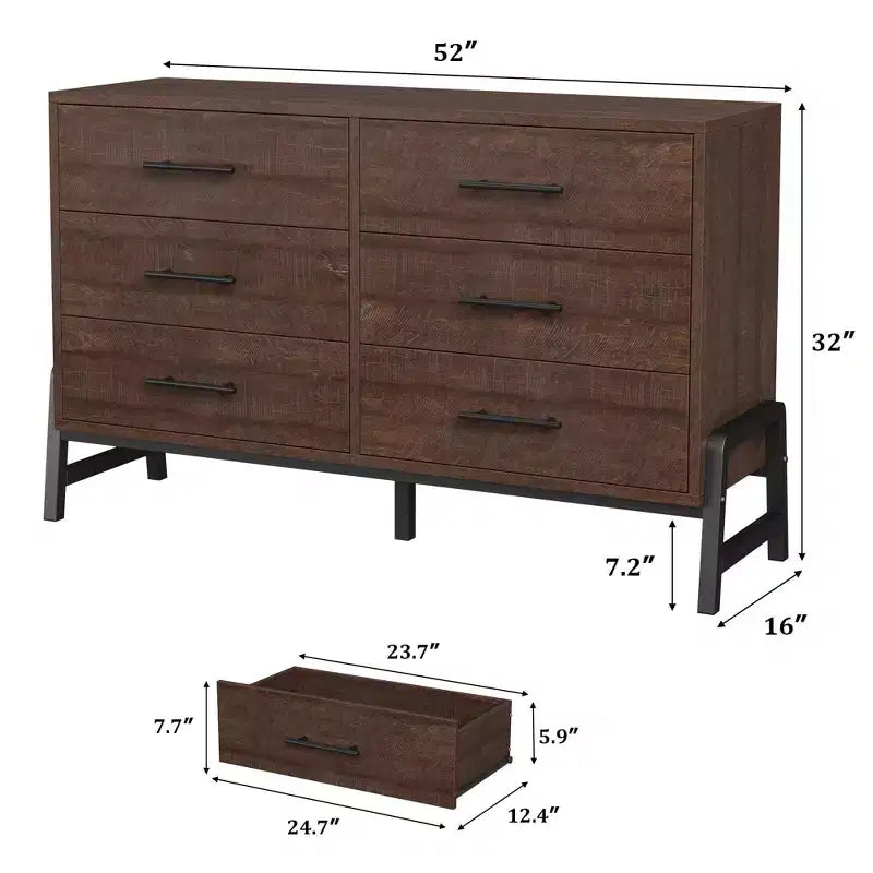 Commode 6 tiroirs pour chambre à coucher, commode en bois de 132 cm de large avec pieds en métal, organisateur de rangement pour vêtements, meuble TV pour couloir
