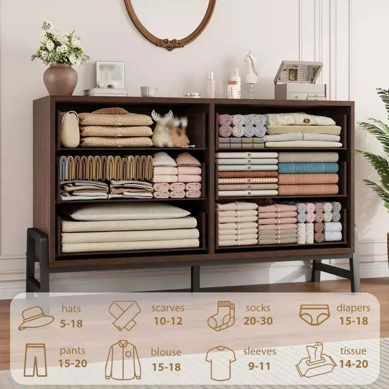 Commode 6 tiroirs pour chambre à coucher, commode en bois de 132 cm de large avec pieds en métal, organisateur de rangement pour vêtements, meuble TV pour couloir