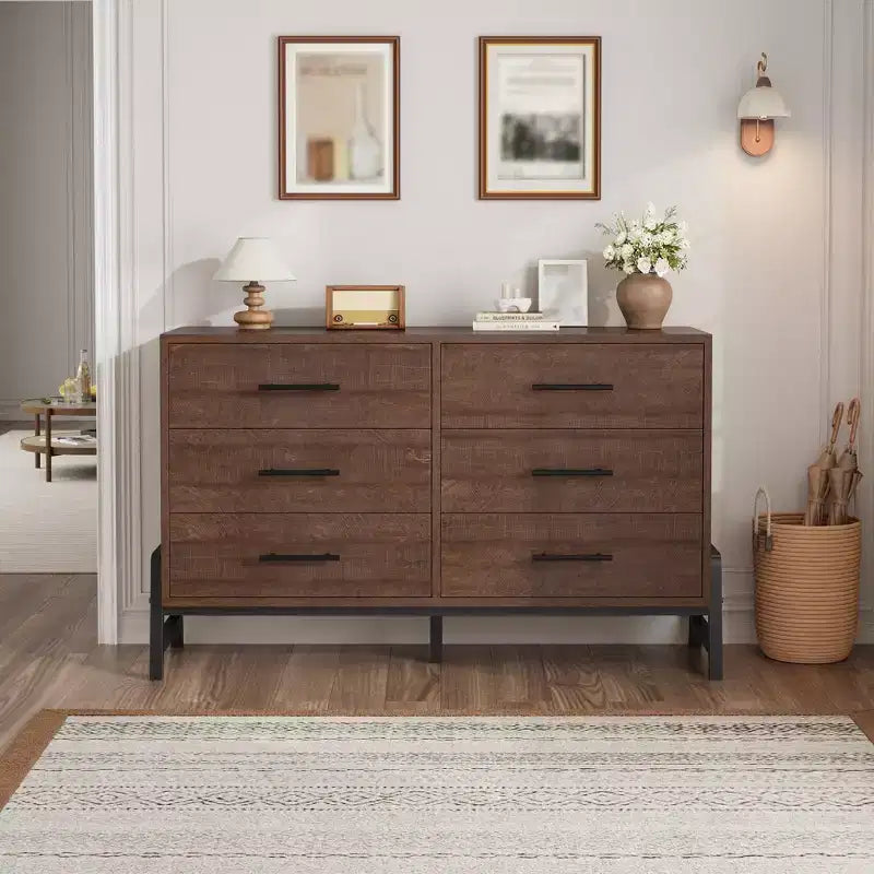 Commode 6 tiroirs pour chambre à coucher, commode en bois de 132 cm de large avec pieds en métal, organisateur de rangement pour vêtements, meuble TV pour couloir