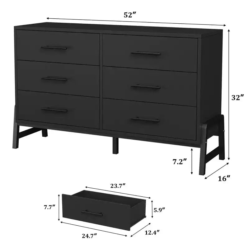 Commode 6 tiroirs pour chambre à coucher, commode en bois de 132 cm de large avec pieds en métal, organisateur de rangement pour vêtements, meuble TV pour couloir