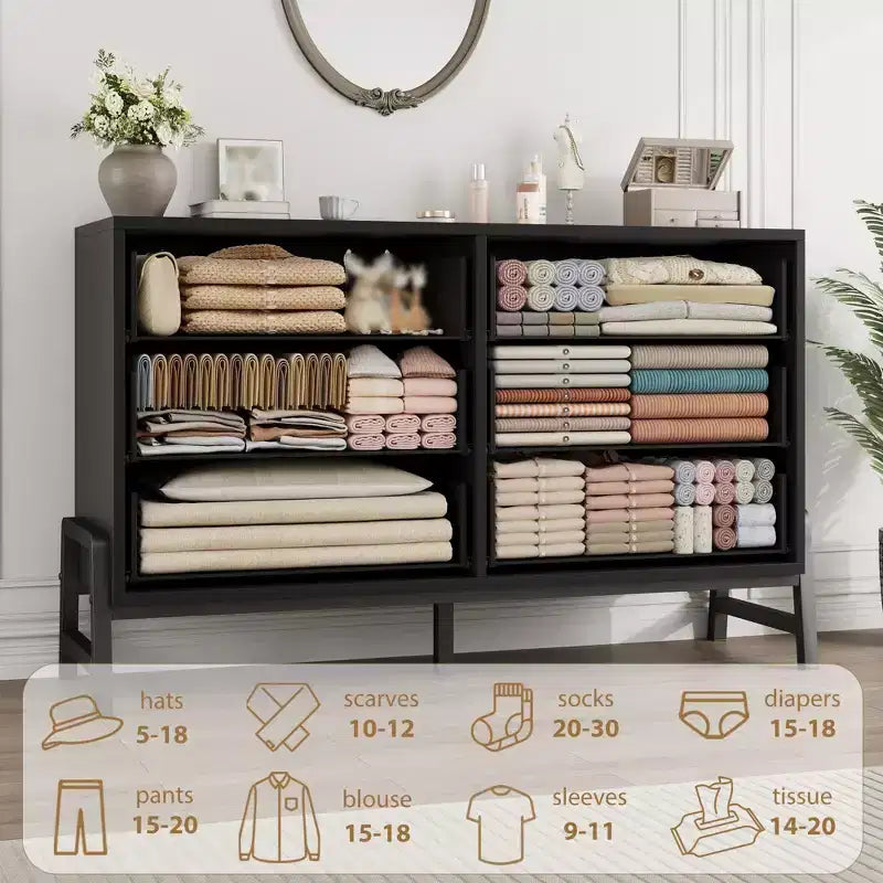 Commode 6 tiroirs pour chambre à coucher, commode en bois de 132 cm de large avec pieds en métal, organisateur de rangement pour vêtements, meuble TV pour couloir