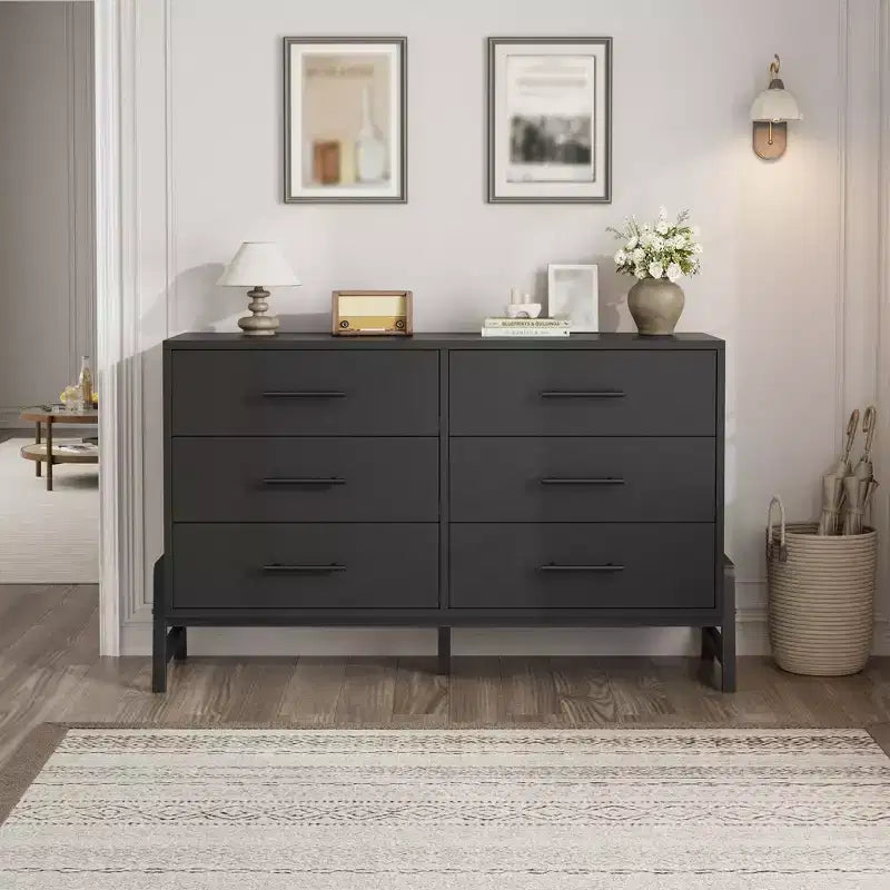Commode 6 tiroirs pour chambre à coucher, commode en bois de 132 cm de large avec pieds en métal, organisateur de rangement pour vêtements, meuble TV pour couloir