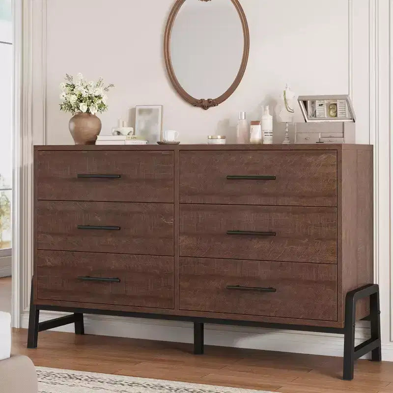 Commode 6 tiroirs pour chambre à coucher, commode en bois de 132 cm de large avec pieds en métal, organisateur de rangement pour vêtements, meuble TV pour couloir