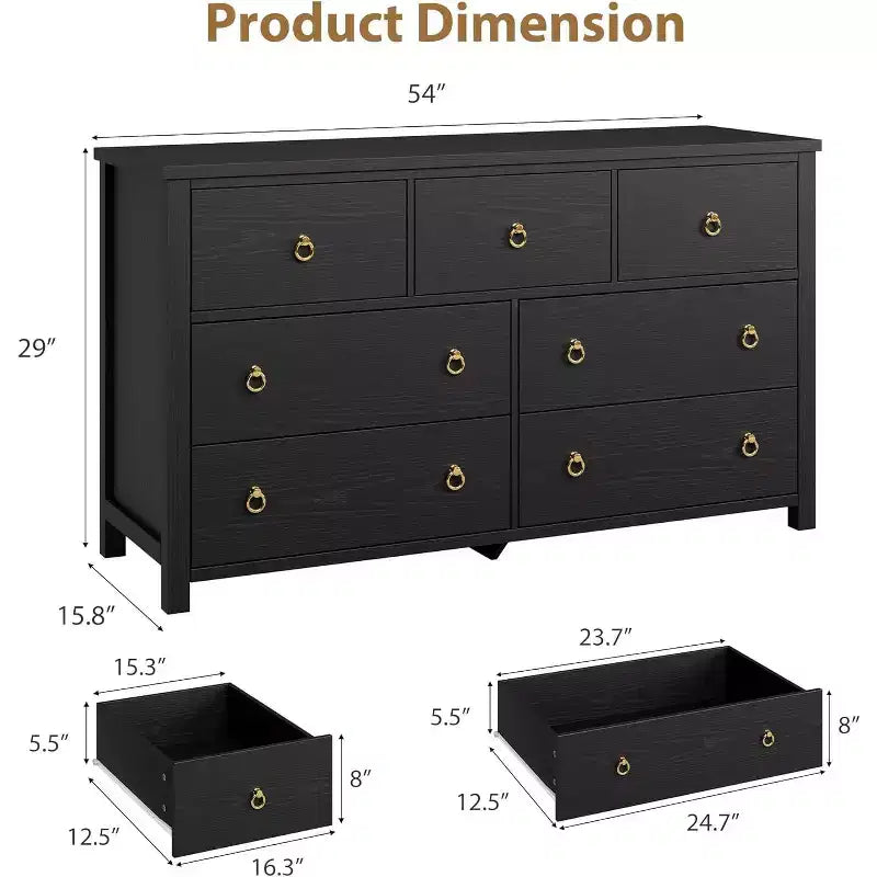 Commode à 7 tiroirs, commode de rangement en bois moderne, meuble TV, organisateur de tiroirs en bois avec poignées pour chambre, salon, couloir, blanc