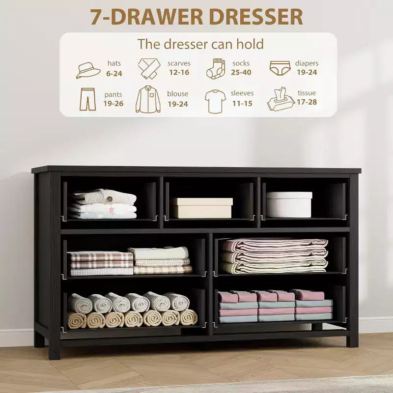 Commode à 7 tiroirs, commode de rangement en bois moderne, meuble TV, organisateur de tiroirs en bois avec poignées pour chambre, salon, couloir, blanc