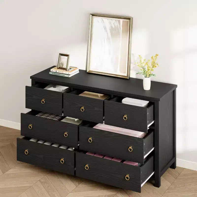 Commode à 7 tiroirs, commode de rangement en bois moderne, meuble TV, organisateur de tiroirs en bois avec poignées pour chambre, salon, couloir, blanc