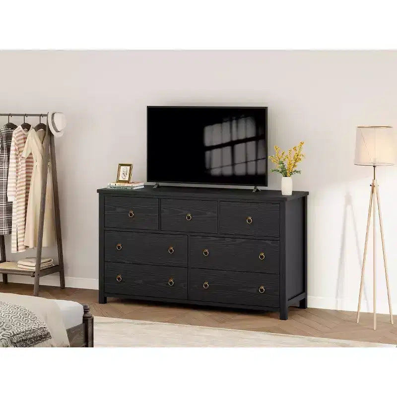 Commode à 7 tiroirs, commode de rangement en bois moderne, meuble TV, organisateur de tiroirs en bois avec poignées pour chambre, salon, couloir, blanc