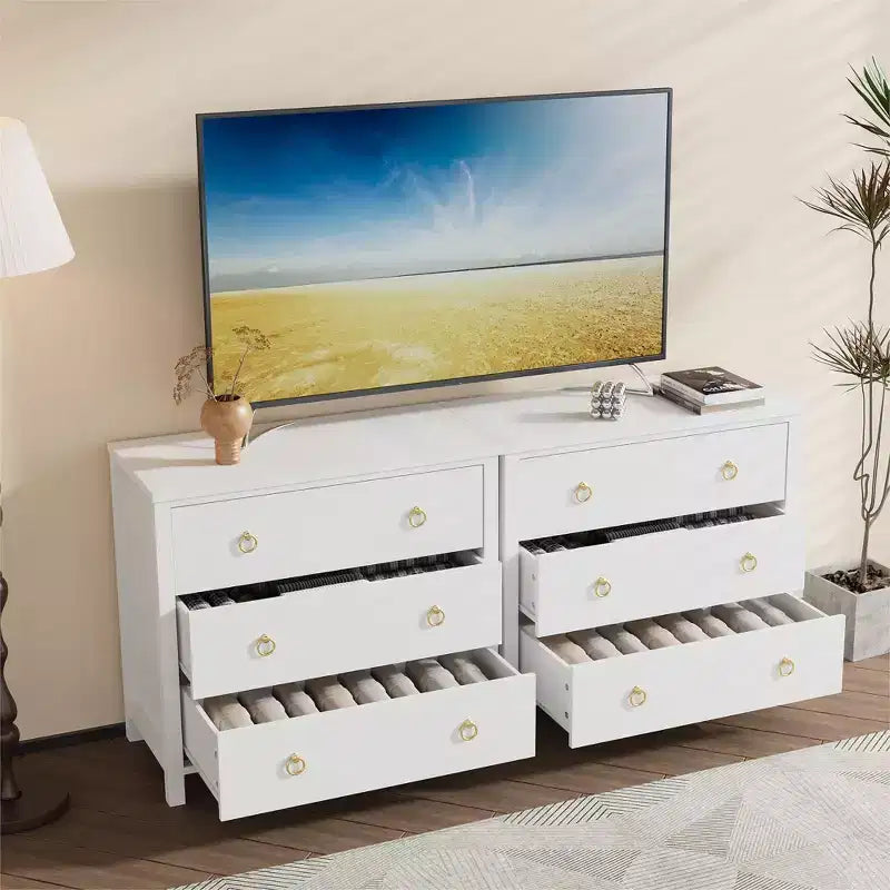 Commode à 7 tiroirs, commode de rangement en bois moderne, meuble TV, organisateur de tiroirs en bois avec poignées pour chambre, salon, couloir, blanc