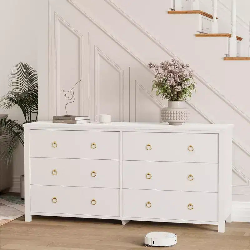Commode à 7 tiroirs, commode de rangement en bois moderne, meuble TV, organisateur de tiroirs en bois avec poignées pour chambre, salon, couloir, blanc